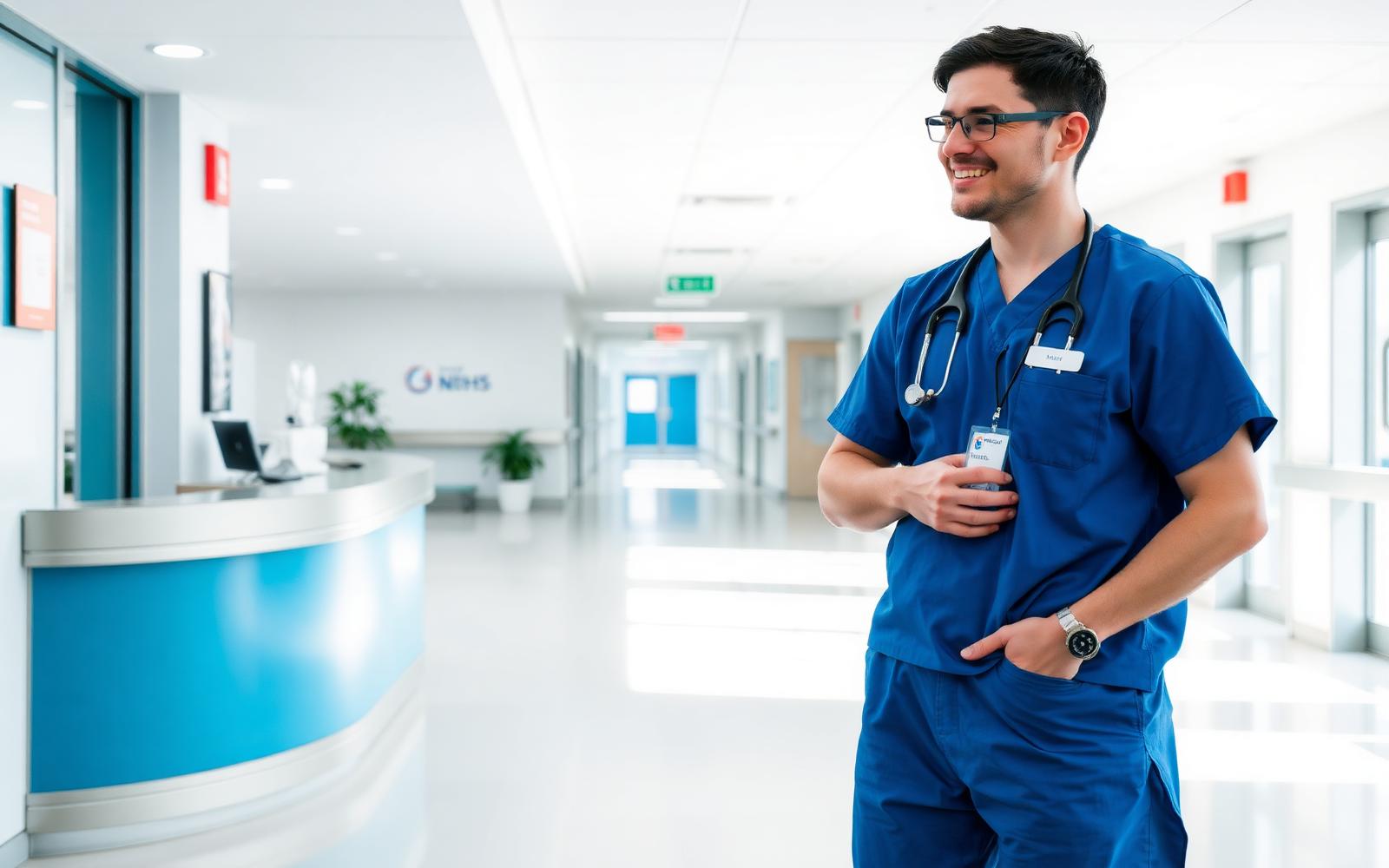 NHS clinician welcoming a patient in a modern hospital
